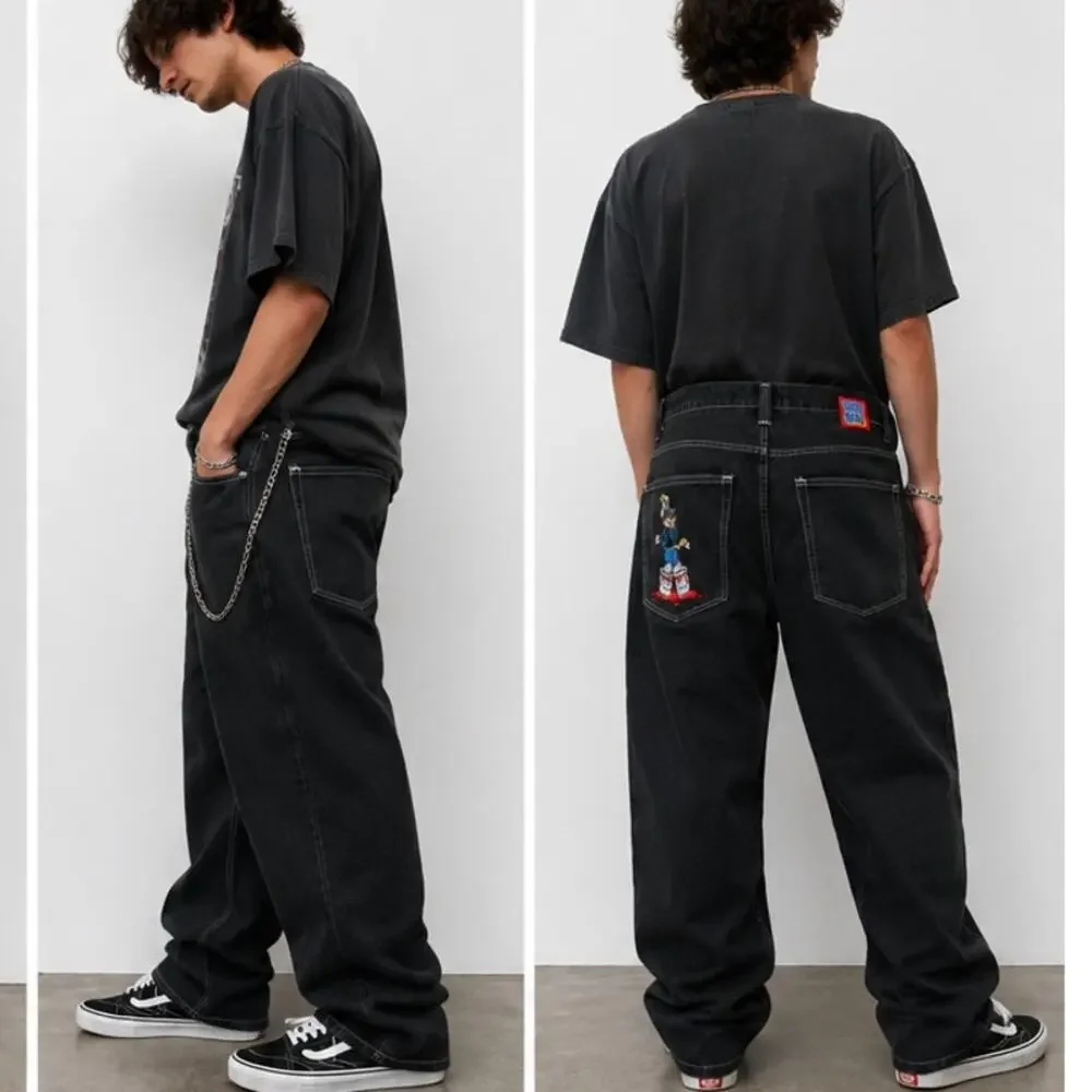 Empyre Black Baggy Skate Jeans Size 28 Y2K Wide Leg Embroidered Wolf Denim